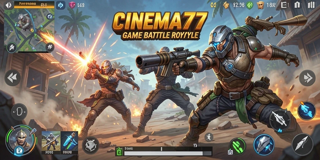 Screenshot CINEMA77 menampilkan aksi seru dalam permainan Battle Royale.