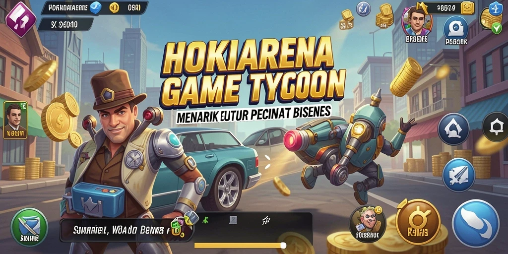 Screenshot gameplay HOKIARENA dengan elemen manajemen bisnis.