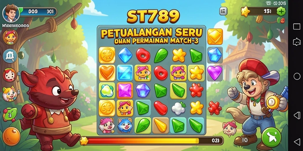 Tampilan gameplay ST789 dengan permata berwarna-warni dan tantangan menarik.